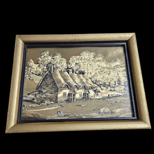 Vintage Lionel Barrymore Gold Foil Print – Thatched Cottage Scene – Framed 9"x7"